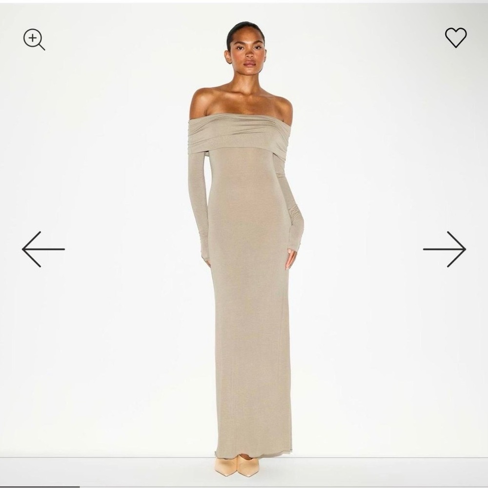 SKIMS Off-Shoulder Long Sleeve Dress in Beige